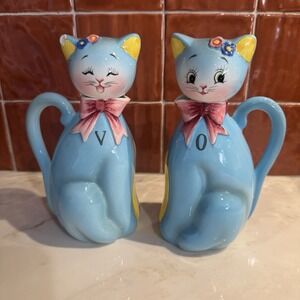 RARE Vintage Norcrest Blue Cat Vinegar Oil Cruet Set Japan Kitch 1950's READ